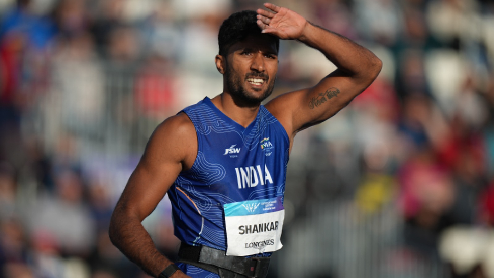 India's Tejaswin Shankar reacts as he competes in the Men's Decathlon Javelin Throw at the Commonwealth Games in Glasgow, Scotland, Friday, July 31, 2026. (AP Photo/Alastair Grant)