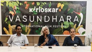 The panel announcing the film festival on Tuesday, with Arti at the centre in sari. (Express Photo)