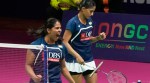 India's Gayatri Gopichand Pullela, and Treesa Jolly react after beating China's Jia Yi Fan and Zhang Shu Xian in the quarterfinal match of the Badminton World Championships in New Delhi. (AP)