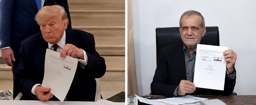 US President Donald Trump and Iranian President Masoud Pezeshkian hold up the signed MoUs. 