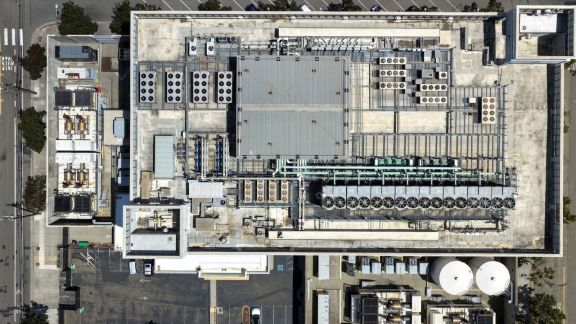 A drone view of the cooling system on the roof of the Digital Realty data center in Oakland, California, US, July 18, 2026. (Image: REUTERS/Fred Greaves)