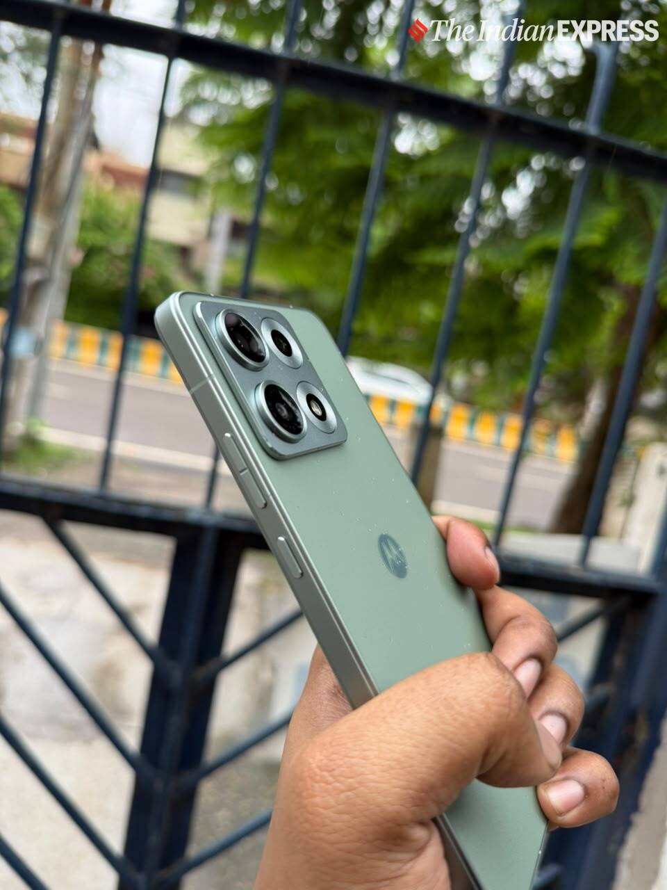 The flat-frame design and aluminium chassis make the Motorola Edge 70 Max comfortable to hold despite its large size. (Image: Bijin Jose/The Indian Express)