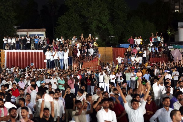 Youth attending "Chatron Ki Goonj" programme addressed by Rahul Gandhi in Prayagraj on saturday. (Express Photo by Vishal Srivastav)