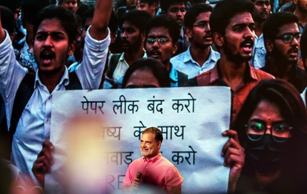 Youth attending "Chatron Ki Goonj" programme addressed by Rahul Gandhi in Prayagraj on saturday. (Express Photo by Vishal Srivastav)