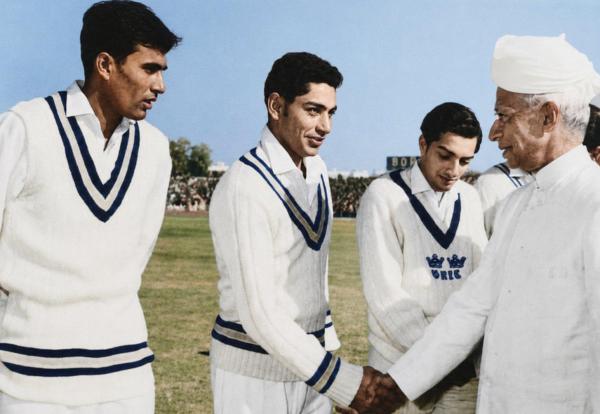 Dr. Radhakrishnan shakes hands with Farokh Engineer, New Delhi, Dec 1961, flanked by Salim Durani and MAK Pataudi. Both Engineer and Pataudi made their Test debut in this match and ended their careers in the same 1975 Bombay Test against the West Indies having played exactly 46 Tests each. (Credit: Farokh Engineer)