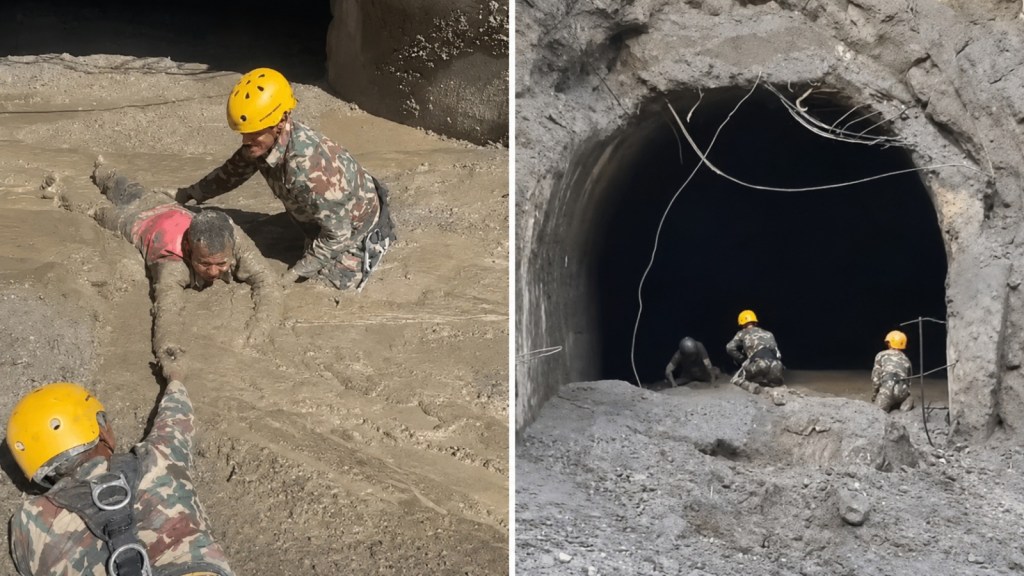 Nepal Army personnel rescue two people from a flood-hit hydropower tunnel in Rasuwa as search operations continue for others still trapped. (Image: Facebook/ PMO Nepal)