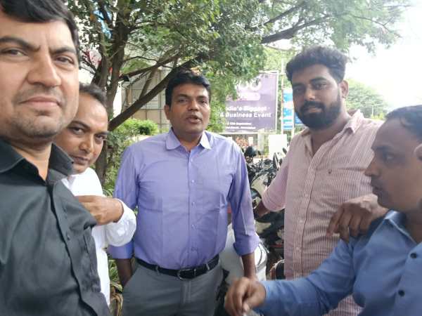 Mandar Gonjari and other journalists outside the police commissionerate on Thursday. Pic by Manoj More