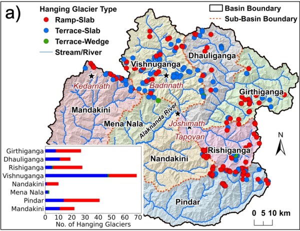 Hanging glaciers in the Alaknanda basin. 