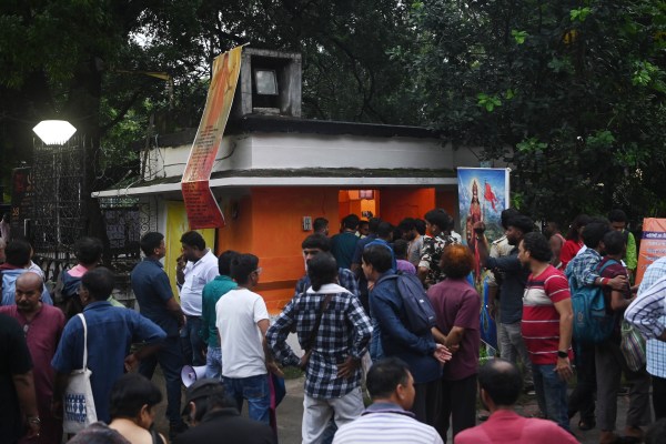 BJP activists painted the colour of a room of the Academy, used as its ticket counter, saffron in apparent deference to the new regime.