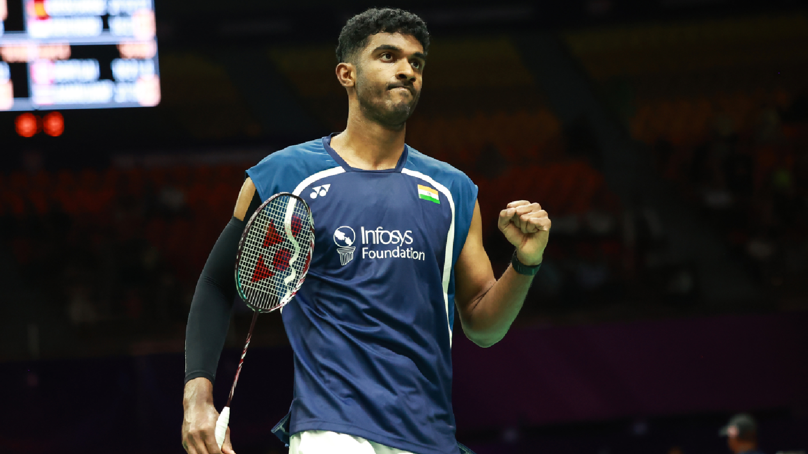India's Ayush Shetty celebrates a point at the Badminton World Championships. (Photo: BAI)