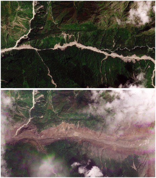 Before-and-after satellite images show flooding in the areas around the Trishuli river. (Special Arrangement)