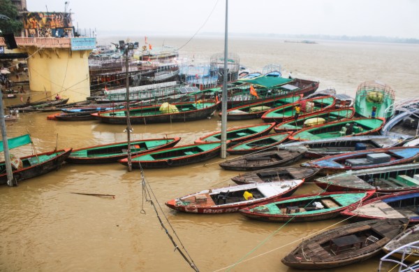  A view of anchored boats on the shore of a flooded Ganga Ghat, in Varanasi on Thursday. (ANI Photo)