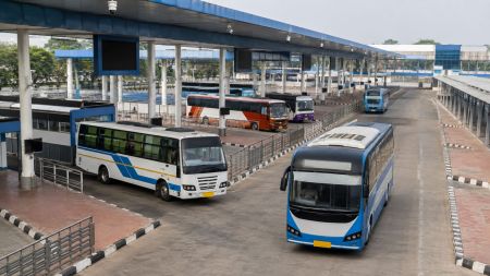 Buses at a modern terminal, representing the Parliamentary panel’s proposed modernisation of India’s bus transport system. (Image generated using AI)