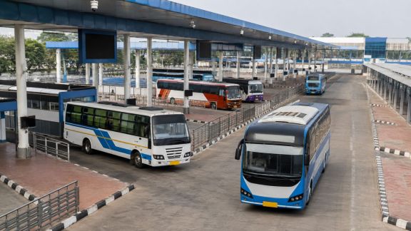 Buses at a modern terminal, representing the Parliamentary panel’s proposed modernisation of India’s bus transport system. (Image generated using AI)