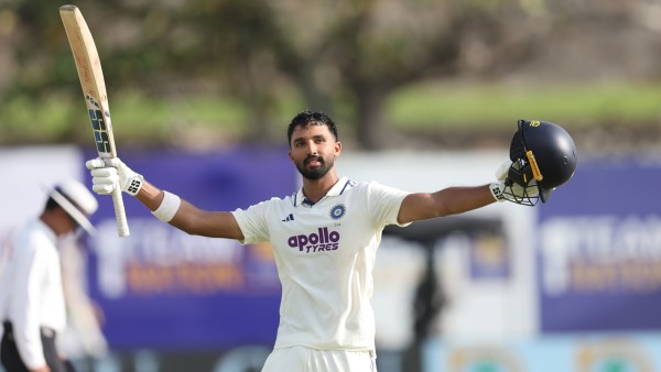 Devdutt Padikkal cdelebrates his maiden Test century on day 1 of the first Test between India and Sri Lanka in Galle. (BCCI/Creimas Photo)