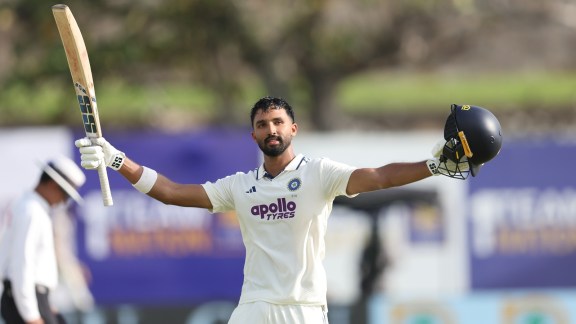 Devdutt Padikkal cdelebrates his maiden Test century on day 1 of the first Test between India and Sri Lanka in Galle. (BCCI/Creimas Photo)
