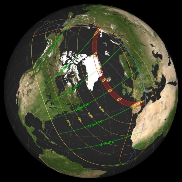 The “path of totality” of the August 12 solar eclipse 