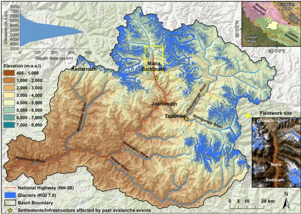 Distribution of glaciers in the Alaknanda basin. Credit: 'Basin-scale inventory and exposure assessment of hanging glaciers, Central Himalaya'
