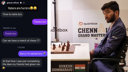 (LEFT) A screengrab that Gukesh shared showing his conversation with someone trying to troll him; (RIGHT) Gukesh at the recent Chennai Grand Masters tournament. (Photos: Screengrab via Gukesh/Instagram; Express Photo)