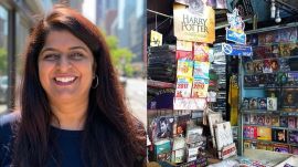 Author Arti Chavan (left) and a bookstore displaying popular fantasy titles, including the Harry Potter series. (Express Photo)