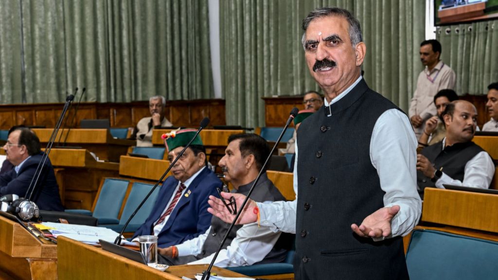Himachal Pradesh Chief Minister Sukhvinder Singh Sukhu speaks during the Monsoon session of the state Legislative Assembly, in Shimla, Himachal Pradesh. (PTI Photo)