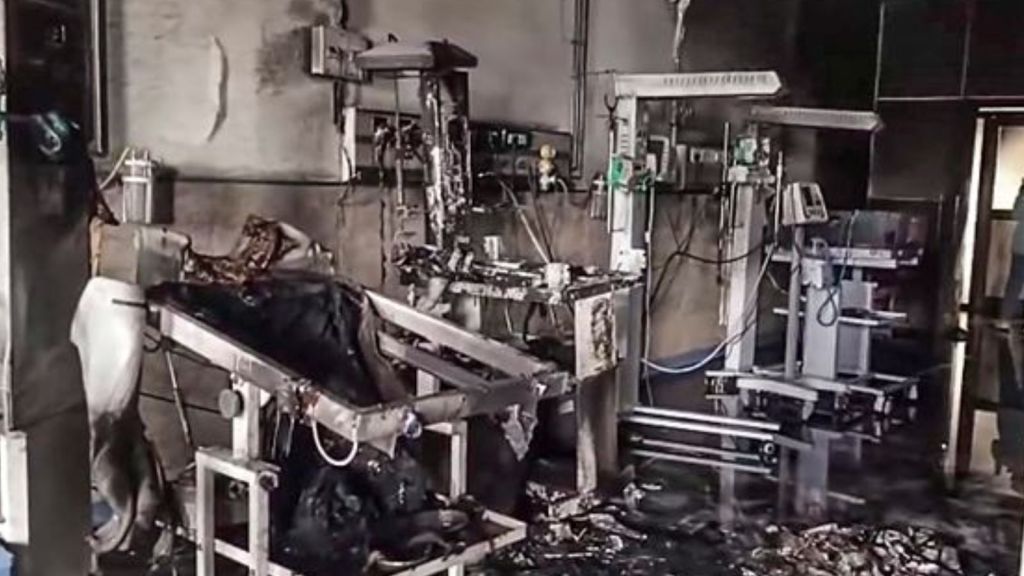 Charred remains of medical equipment are seen after a fire in the Neonatal Intensive Care Unit (NICU) of a government hospital killed at least three newborns, in Amravati district, Maharashtra. (PTI Photo)