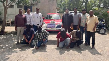 The four accused arrested by the Hyderabad Commissioner’s Task Force for allegedly duping people through a coal-to-gold scam. (Photo: Hyderabad Police)
