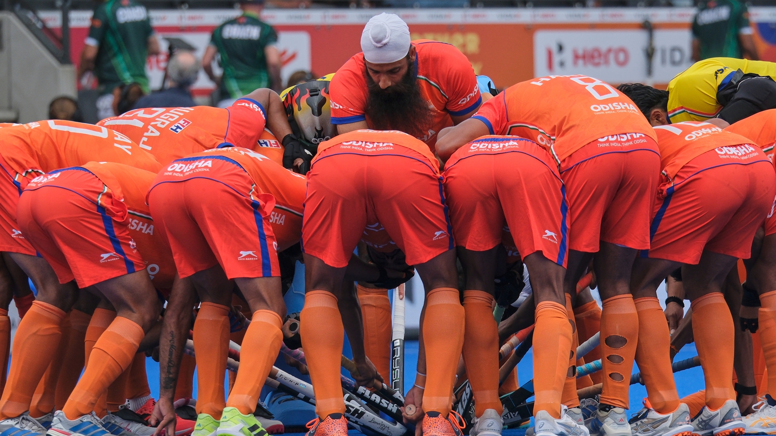India's players huddle before the World Cup Field Hockey pool D match between India and Pakistan in Amstelveen, Netherlands, Wednesday, Aug. 19, 2026.