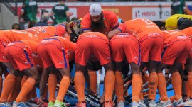 India's players huddle before the World Cup Field Hockey pool D match between India and Pakistan in Amstelveen, Netherlands, Wednesday, Aug. 19, 2026. (AP Photo/Patrick Post)