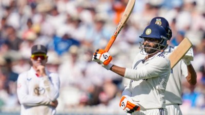 India all-rounder Ravindra Jadeja pulls out the sword celebration for all his batting milestones. (AP Photo)