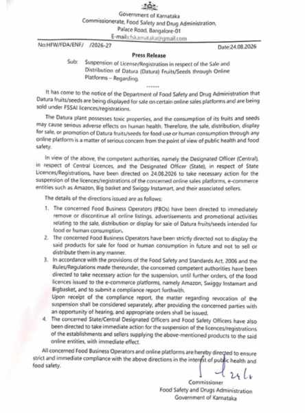 govt order, food licence, karnataka