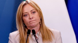 Italian Prime Minister Giorgia Meloni attends a joint statement with German Chancellor Friedrich Merz (not pictured) in Rome. (REUTERS FILE)