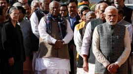 Loksabha Speaker Om Birla, Prime Minister Narendra Modi and others cabinet ministers also Congress president Mallikarjun kharge and Sonia gandhi during pay tribute to Martyrs of 2001 parliament attack at the Parliament house during Winter session in new Delhi on Tuesday