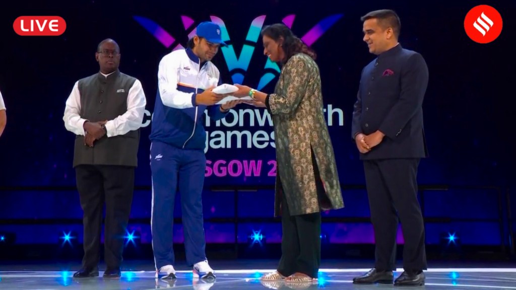 Commonwealth Games Closing Ceremony Live from Glasgow: Neeraj Chopra and PT Usha at the handover ceremony. (Screengrab via SonyLIV)