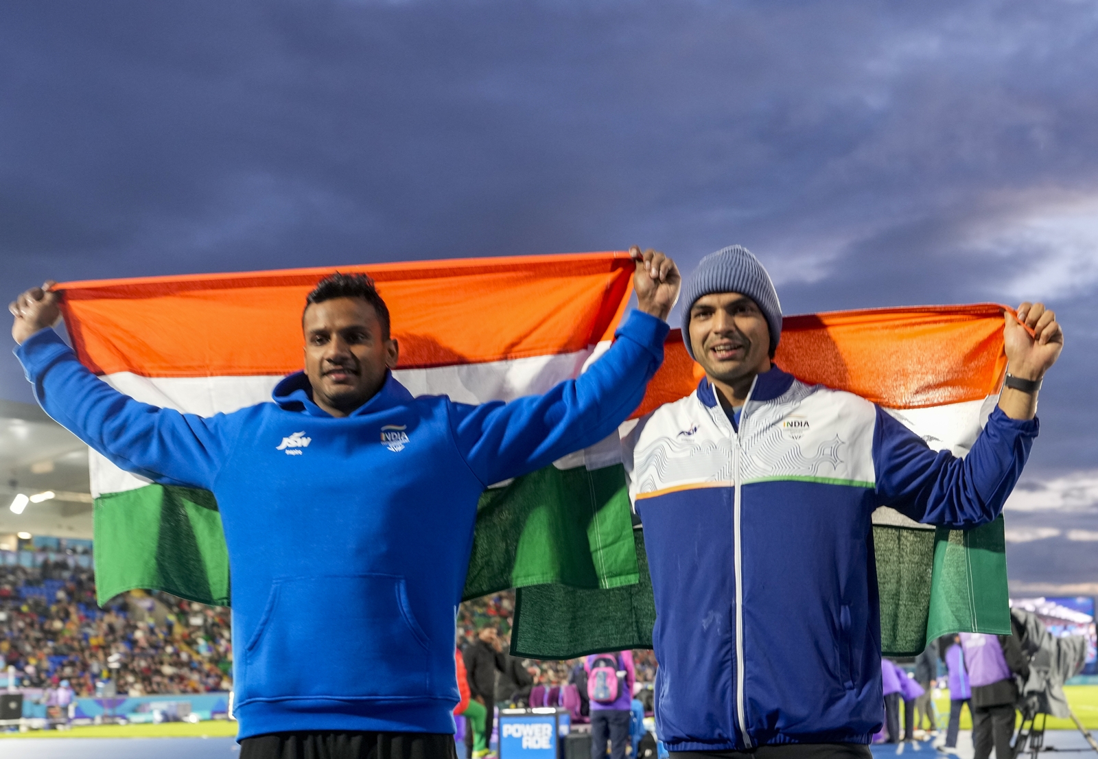 India's Neeraj Chopra, right, and Yashvir Singh in a photograph after the men's javelin throw final at the Commonwealth Games 2026, in Glasgow, Scotland, Saturday, Aug 1, 2026. Chopra and Singh won the silver and bronze medals respectively in this event. (PTI Photo)