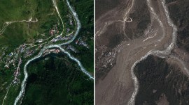 (Left) This satellite image provided by Vantor shows Syapru Besi, Nepal on October 18, 2023; another satellite image provided by Vantor shows destruction at Syapru Besi, Nepal on August 27, 2026. (AP photos)
