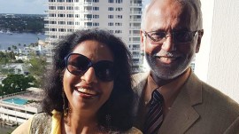 This 2017 photo shows Jitendra Patel, right and his wife Daksha Patel. Jitendra, a 72-year-old from Long Island and a US citizen is missing after the flash flooding in Nepal. (AP)