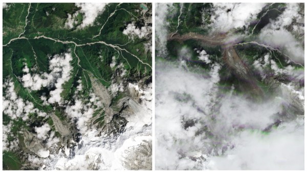 A border area between Nepal and Tibet (China), before the flooding (left) and after. Planet Labs PBC via AP