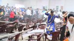 Attendees rush to safety after a portion of the false ceiling collapsed during a cultural event at Netaji Subhas National Institute of Sports in Patiala on Saturday. (Express Photos By Harmeet Sodhi)