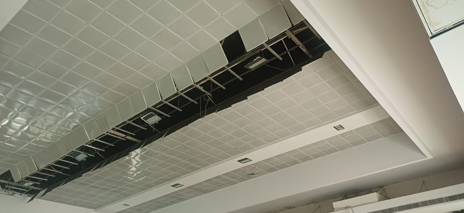 The damaged ceiling at the multipurpose hall at NIS, Patiala. (Pic via special arrangement)