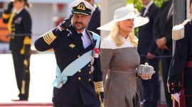 Norway's Crown Prince Haakon and Crown Princess Mette-Marit visit Honnorbrygga to receive Denmarks King Frederik and Queen Mary in Oslo, May 5, 2024. (Reuters)