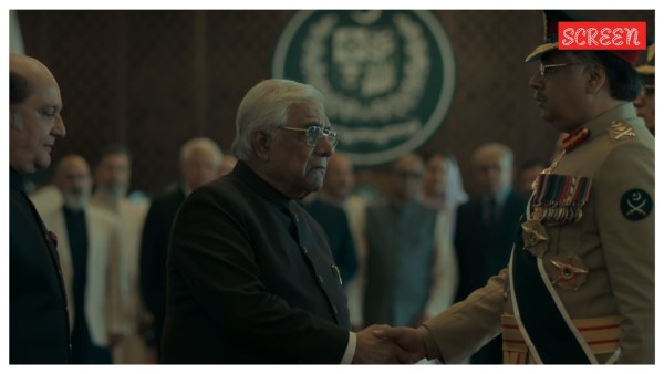Vinay Pathak as Nawaz Sharif, Aanjjan Srivastav as Atal Bihari Vajpayee, and Manu Rishi Chadha as Pervez Musharraf in Operay