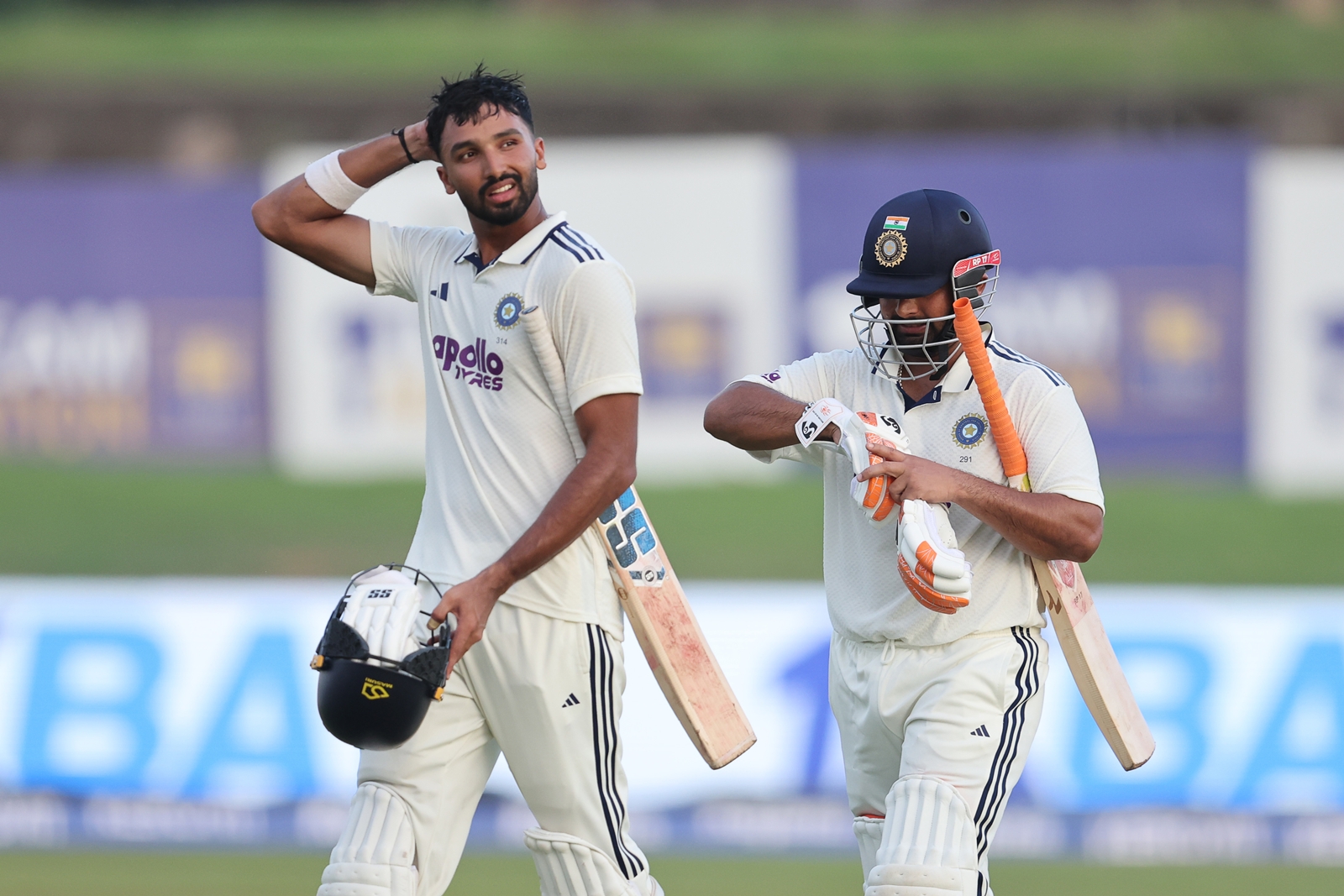 Devdutt Padikkal and Rishabh Pant walk off at Stumps on Day 1 of the 1st Test match between India and Sri Lanka at the Galle International Stadium (BCCI/Creimas Photo)