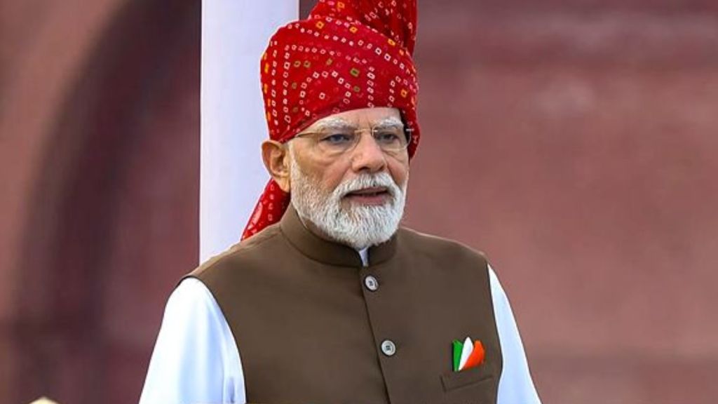 Prime Minister Narendra Modi addresses the nation during the 8oth Independence Day celebrations, at Red Fort in New Delhi.