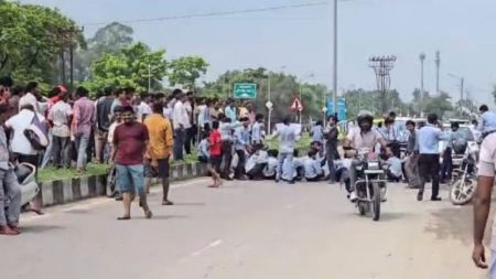 A video from the spot showed the students in school uniforms gathered across the busy Mohan Road, with many sitting on the carriageway while others stood in groups raising slogans, while traffic piled up.