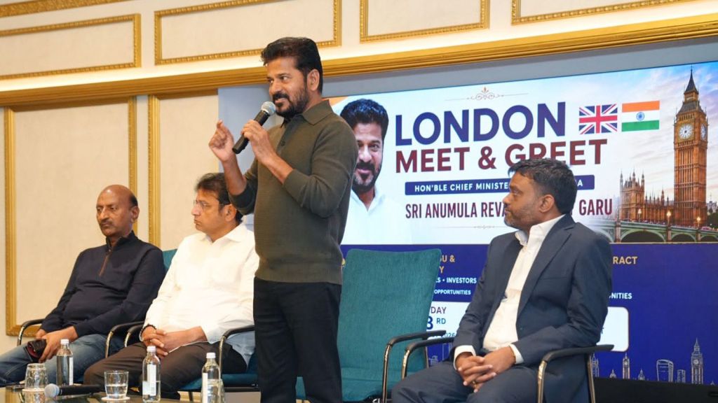Telangana Chief Minister Revanth Reddy addresses the Telugu diaspora, in London on Sunday. (@TelanganaCMO X/ANI Photo