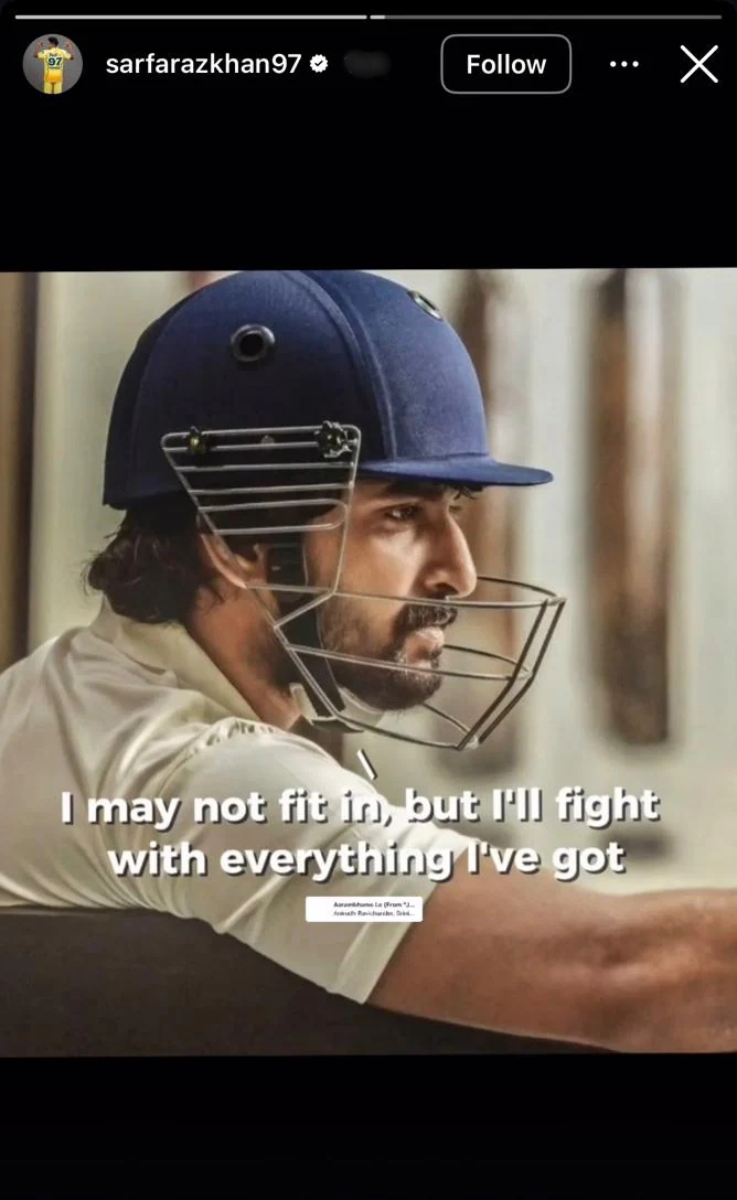Sarfaraz on Friday posted a photo from the 2019 Telugu film 'Jersey' with a caption that read: "I may not fit in, but I'll fight with everything I've got." (Sarfaraz Khan Instagram)