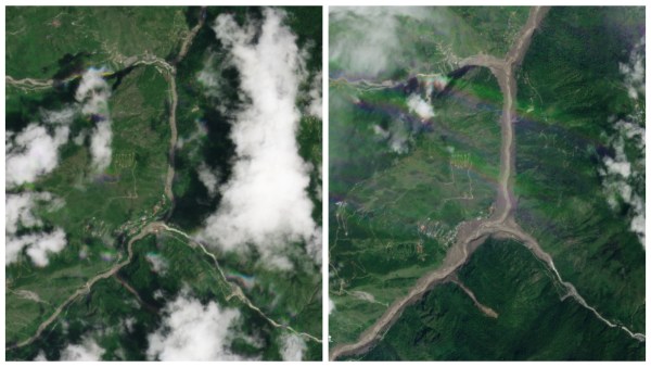 Nepal's Syapru Besi before (left) and after (right) the floods. Planet Labs PBC via AP