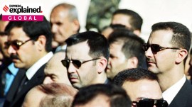 Bashar Assad, right, and his brother Maher Assad stand during the funeral of their father, former President Hafez Assad, in Damascus, Syria, June 13, 2000.
