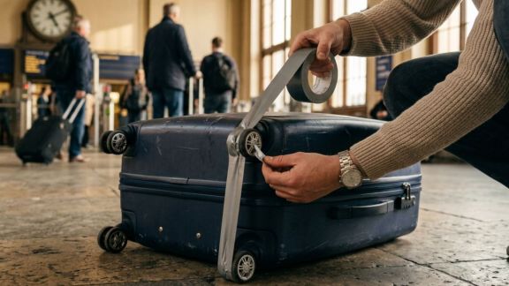 Tape around suitcase wheels as a travel luggage hack